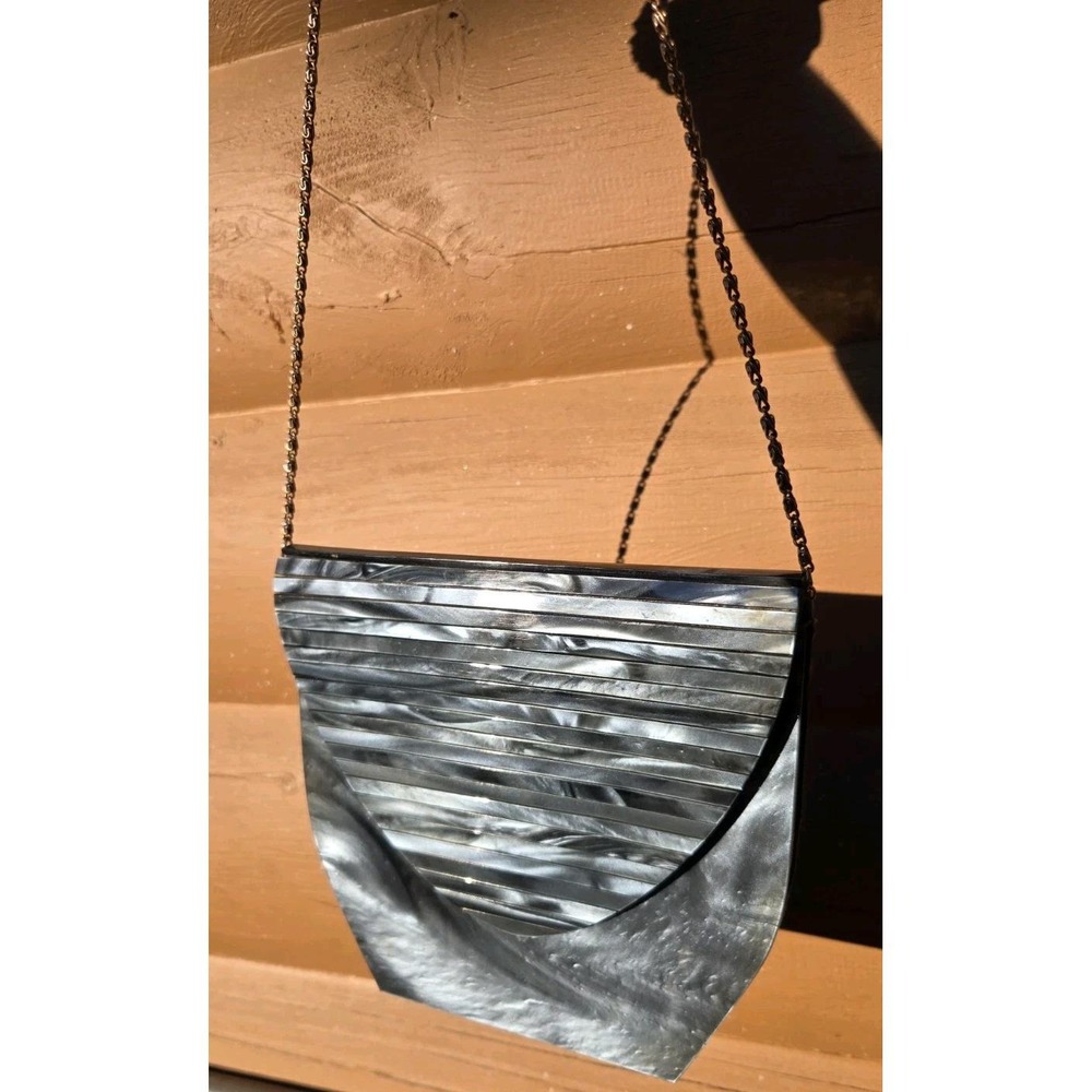 VTG 60s Lucite Black Iridescent Purse with Gold-tone Chain Link Shoulder Strap